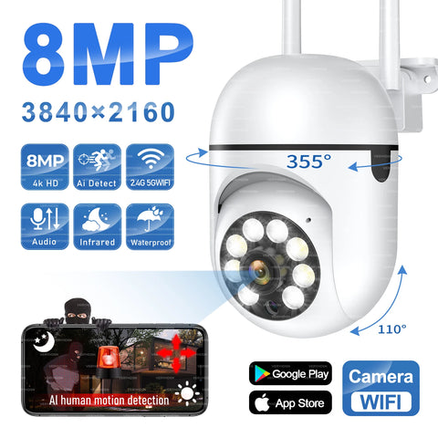 8MP WiFi Outdoor PTZ Security Camera, 4X Zoom, AI Human Tracking, Two-Way Audio, HD Night Vision, Color Camera