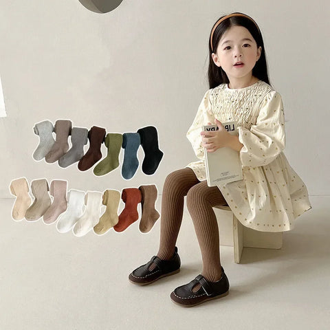 Girls' Cotton Tights 1-8 Years - Striped & Solid Colors, Baby Stockings for Autumn/Spring, Cute Pantyhose Trousers