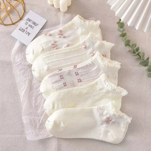 5 Pairs Cute Floral Jacquard Ankle Socks - Colorful Low Cut Lace Socks for Women, Summer/Spring