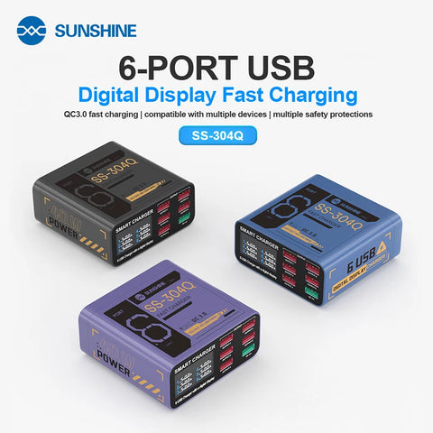 6-Port USB Charger, Digital Display, QC3.0 Fast Charging, Multi-Device Compatible