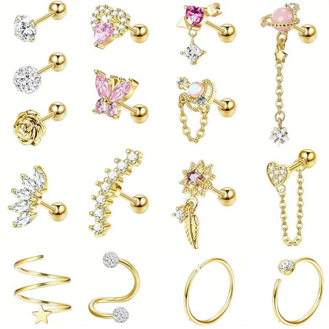 16g Stainless Steel Cartilage Earrings Hypoallergenic Flower Heart Leaf Screw Back Studs for Women Men