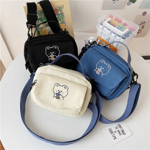 Cute Cartoon Bear Canvas Shoulder Bag - Large Capacity Harajuku Tote for Women