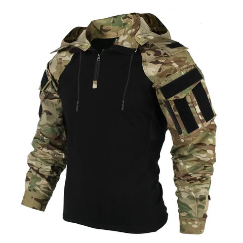 Camo Hooded Tactical Shirt for Men - Outdoor, Airsoft, Paintball, Hunting, Camping, Wear-resistant