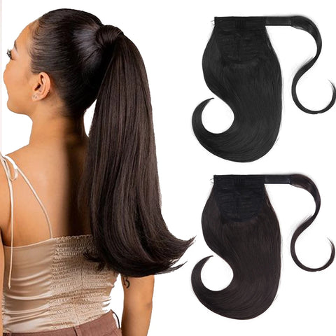 18" Synthetic Short Straight Wrap Around Clip-In Ponytail Hair Extension Black Brown Hairpiece for Women