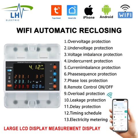 4P 100A WiFi Three Phase Energy Meter with Auto-Reclosing Protector Relay for Smart Home