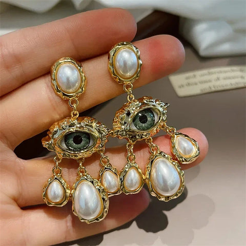 French Style Long Earrings with Big Eyes and Pearl Water Droplets