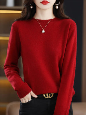 100% Merino Wool Women's O-neck Sweater Long Sleeve Pullover Jumper for Spring, Autumn, Winter Knitwear Top