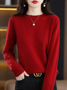 100% Merino Wool Women's O-neck Sweater Long Sleeve Pullover Jumper for Spring, Autumn, Winter Knitwear Top