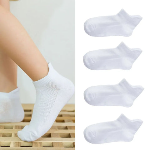 4 Pairs Summer Thin Pure Cotton Boat Socks: White & Mesh Baby Student Short Socks