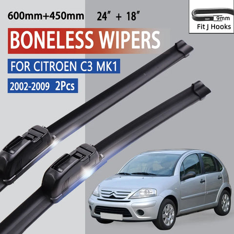 Citroen C3 Mk1 2002-2009 Quiet U-Type Soft Rubber Wiper Blades 24"+18" Boneless & Durable