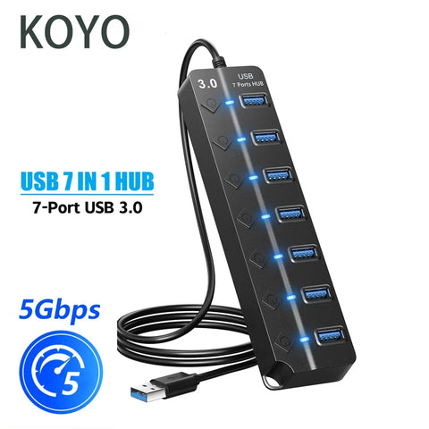7-Port USB 3.0 Hub Splitter High-Speed 5Gbps with Power Adapter, Switch, and Long Cable
