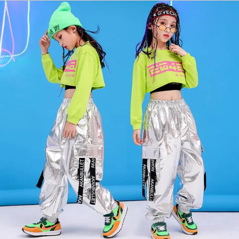 Girls Green Hip Hop Dance Outfit - Crop Sweatshirt & Casual Pants for Kids Jazz/Ballroom
