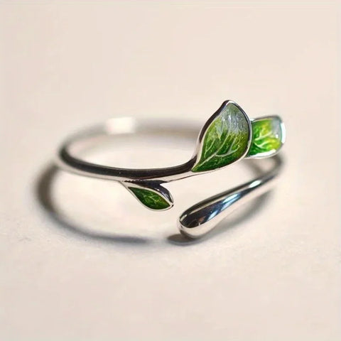 Adjustable Green Leaves and Twig Wrap Ring, Silver, Nature-Inspired Jewelry for Women