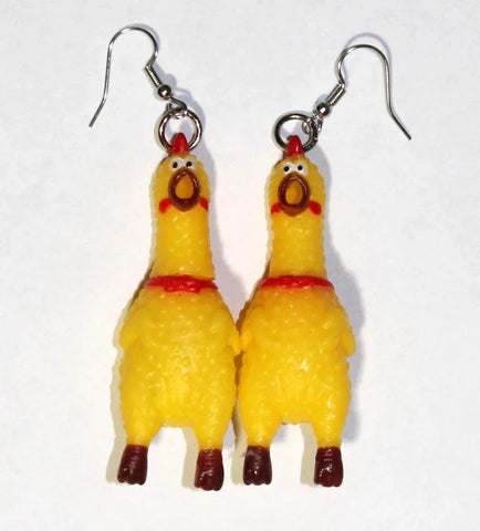 Funny Squawking Rubber Chicken Earrings - Novelty Rooster Chick Joke Jewelry