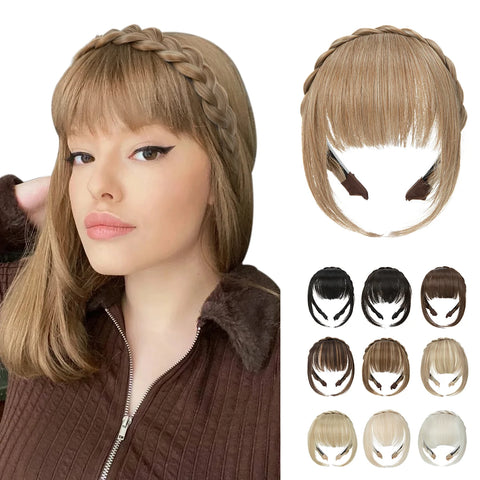 Headband Bangs Extension Fake Hair Fringe B12 – Natural Black/Brown Blunt Fringe with Long Sides Hairpiece