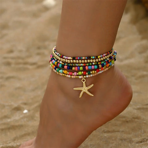 Boho Multilayer Rice Bead Anklet Set for Women, Starfish Pendant Summer Beach Jewelry Anklets