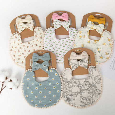 3pc Baby Flower Bib Set: Headbands, Bow Nylon Hairbands, Double-Sided Bibs, Burp Cloth Scarf
