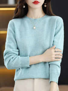 100% Merino Wool Women's O-neck Sweater Long Sleeve Pullover Jumper for Spring, Autumn, Winter Knitwear Top