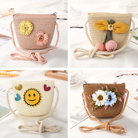 Cute Straw Shoulder Bag Flower Kids Crossbody Small Coin Purse Mini Beach Handbag