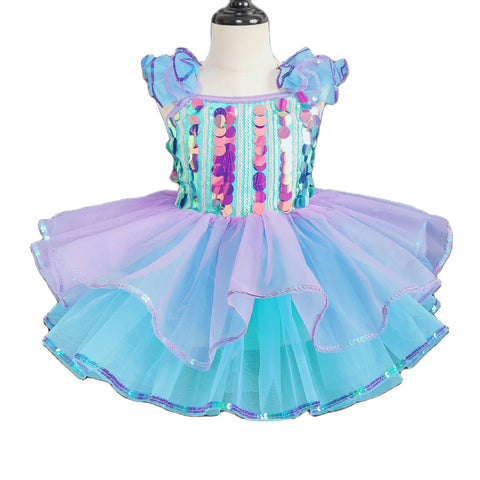 Blue Sequined Ballroom Dance Tutu Dress for Kids - Modern Jazz Party Wear
