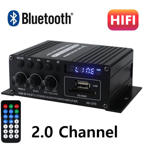 Bluetooth Amplifier 2.0 Channel HiFi Sound Amp with Bass & Treble Control for RCA, SD, USB, Audio Input, DC12V