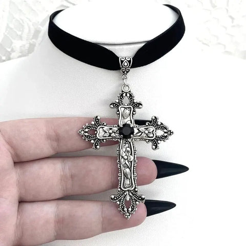 Gothic Large Cross Black Velvet Necklace for Women - Elegant Statement Jewelry