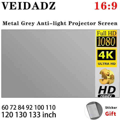 Foldable 16:9 Anti-Light Grey Projection Screen, 100-133 Inch, Portable Reflective Cloth for Home Theater