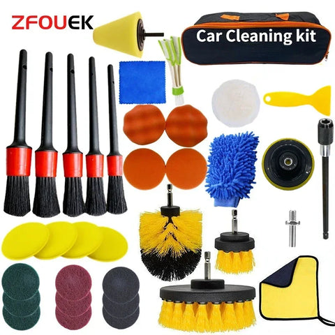 Car Cleaning Kit: Drill Scrubber, Detailing Brushes, Vent Cleaner, Towels, Polisher - Auto Detailing Tools Set