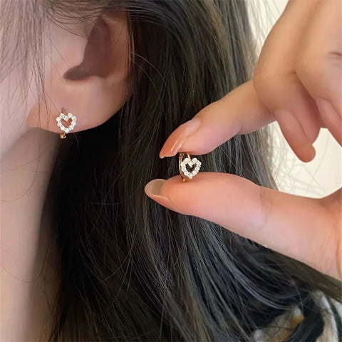 Cute Hollow Heart Zircon Hoop Earrings Shiny Studs Trendy Small Fashion Ear Jewelry