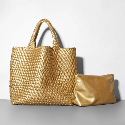 Golden Knit Large Capacity Woven Shoulder Bag Women's Beach Holiday Tote Evening Purse 2025