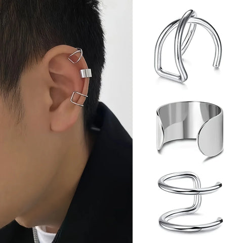 3pcs Punk Stainless Steel Ear Cuffs Helix Cartilage Clip-On Non-Piercing Adjustable Earrings Unisex
