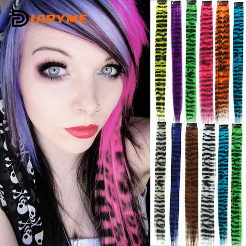 Clip-In Long Straight Synthetic Hair Extensions, Zebra Feather Stripes, One Card, Colored Fake Hair