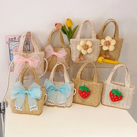 Handmade Woven Straw Crossbody Bag for Girls - Zipper, Mesh, Bow Design, Perfect Summer Coin Purse and Kid’s Beach Bag