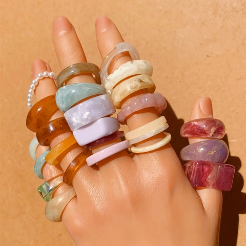 25-Piece Boho Retro Acrylic Resin Gold Foil Ring Set for Women – Unique Dopamine Design, Wide Face Style
