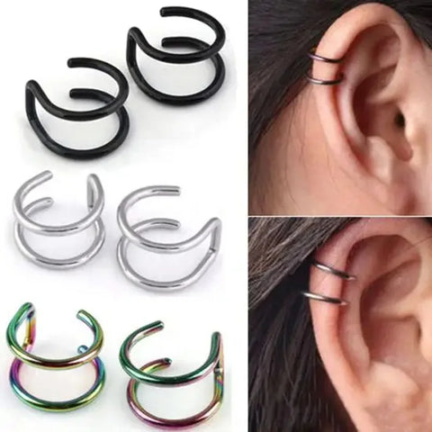 2pcs Stainless Steel Clip-On Earrings 2-Row Fake Cartilage Cuff Ear Nose Lip Aretes De Mujer
