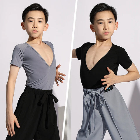 Boys Latin Dance V-Neck Tops for Kids Rumba Ballroom Tango Practice Performance Shirts