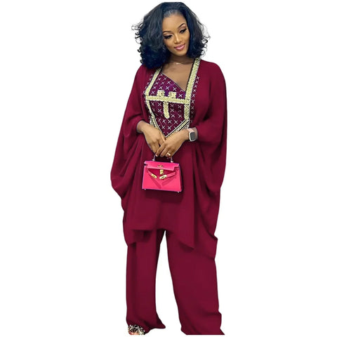 African Dress Set 3/4 Sleeve Embroidered Top & Pants, Free Size
