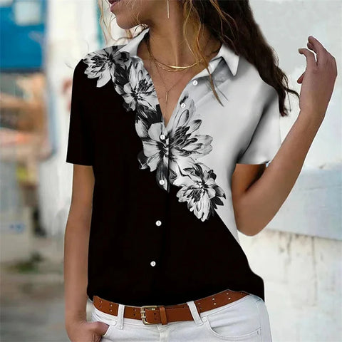 2024 Women's Floral 3D Print Y2K Streetwear Black Elegant Short Sleeve Blouse Button Top Office Collar Shirt