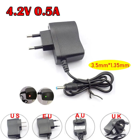 4.2V 0.5A AC-DC Power Adapter for 18650 Flashlight, 3.7V Headlight Charger, 3.5mm x 1.35mm Plug, 500mA Rechargeable Supply