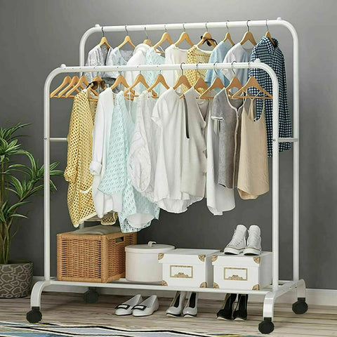 Heavy Duty Rolling Clothes Rack with Double Rods & Lower Storage
