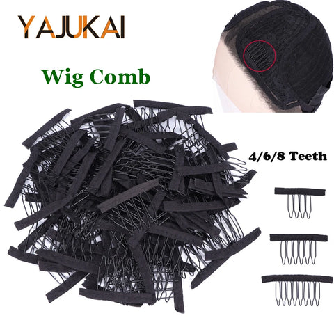 10pc Wig Combs for Caps - 4/6/8 Teeth Clips with Steel & Cloth for Hairpiece Accessories - Black