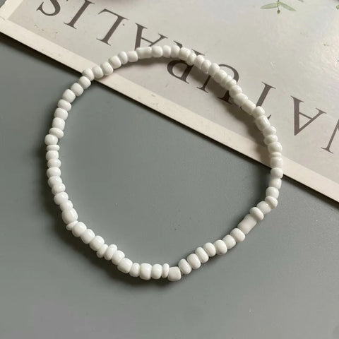 Colorful Women’s White Anklet - Tiny Seed Beads, Yellow Bohemian Foot Bracelet Jewelry