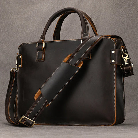 Genuine Leather Vintage Briefcase, 15-16 Inch Laptop Bag, Handmade Business Tote for Men