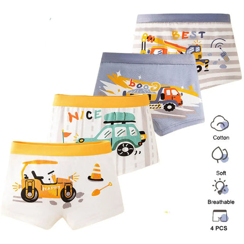 4-Pack Boys' Cotton Boxer Briefs, Assorted Car Patterns, Breathable Underwear for Ages 3-14