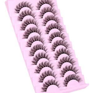 10 Pairs Wispy D Curl Faux Mink Lashes, Clear Band, Natural Fluffy Style