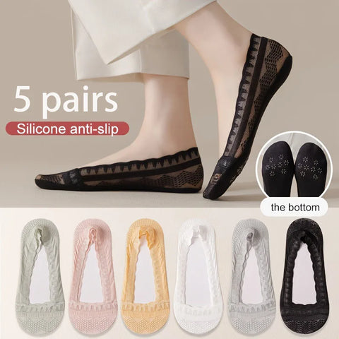 5 Pairs Women's No-Slip Invisible Mesh Lace Socks - Assorted Solid Colors