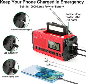10000mAh Solar Hand Crank Emergency Radio - NOAA AM/FM/SW with Flashlight & Weather Alerts