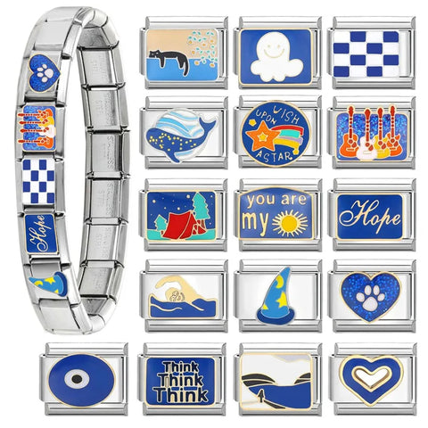 Denim Blue Checkerboard Love Charm Links 9mm Bracelet, Stainless Steel Elastic DIY Jewelry