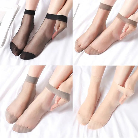 10 Pairs Transparent Thin Crystal Nylon Ankle Socks for Women Summer Fashion Skin Tone
