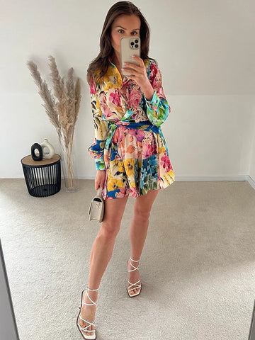Floral Boho Tie-Dye Summer Long Sleeve Wide Leg Beach Romper Jumpsuit Playsuit Overall